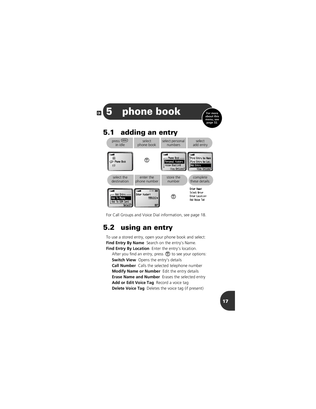 Motorola 2001 Portable Cell Phone manual Phone book, Adding an entry, Using an entry 