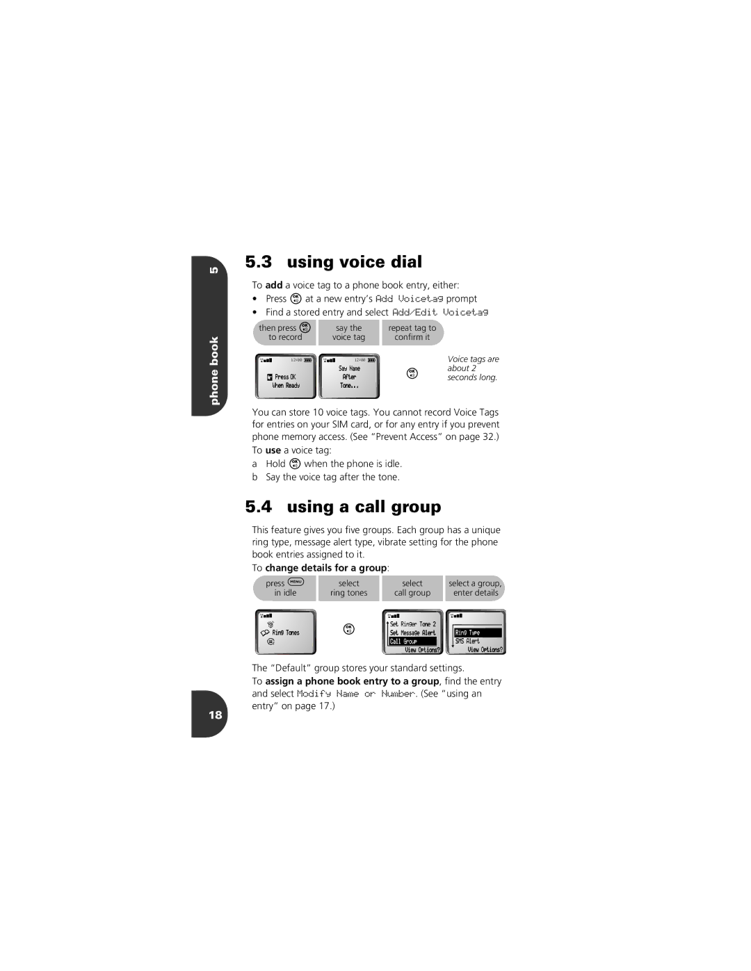 Motorola 2001 Portable Cell Phone manual Using voice dial, Using a call group, Phone book, To change details for a group 