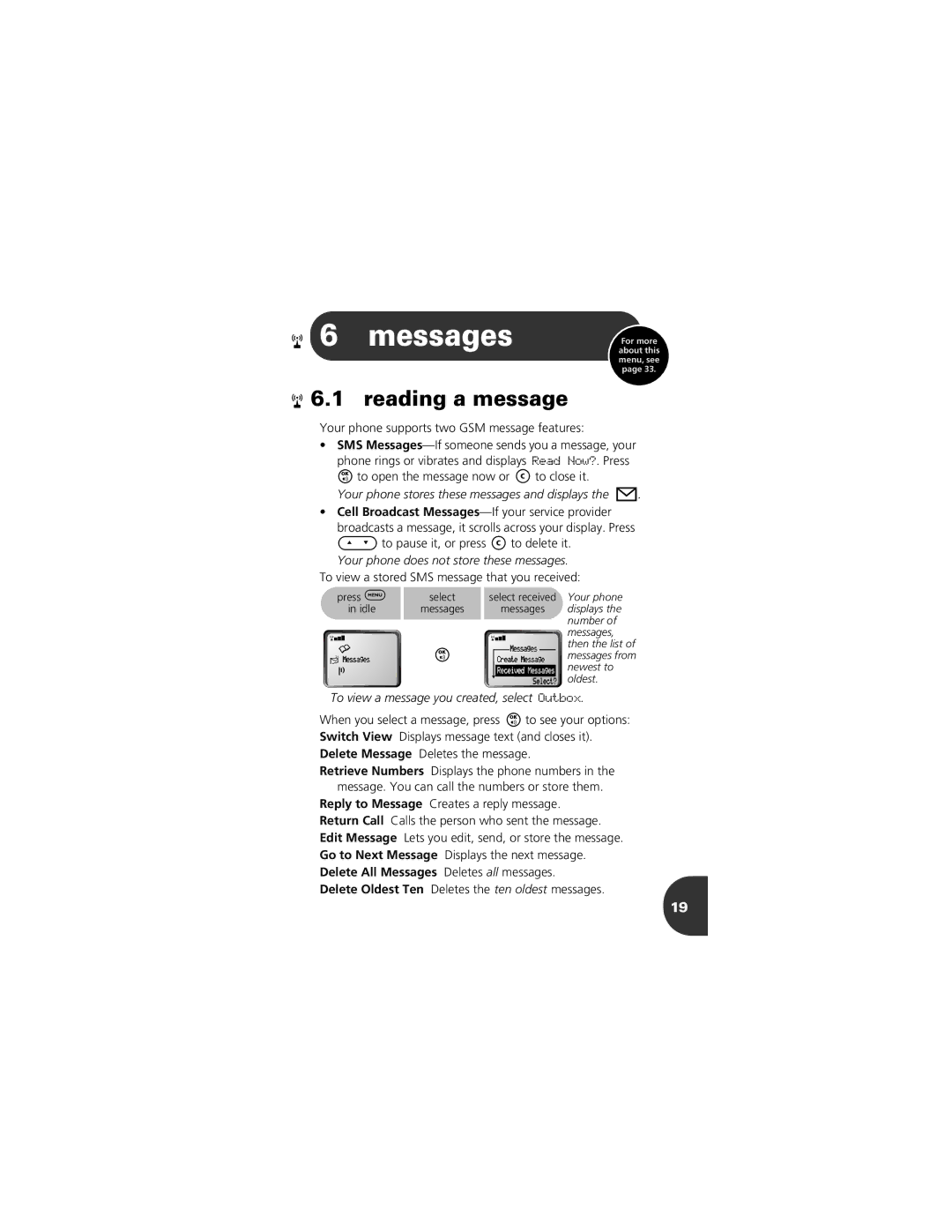 Motorola 2001 Portable Cell Phone manual Messages, Reading a message, Your phone supports two GSM message features 