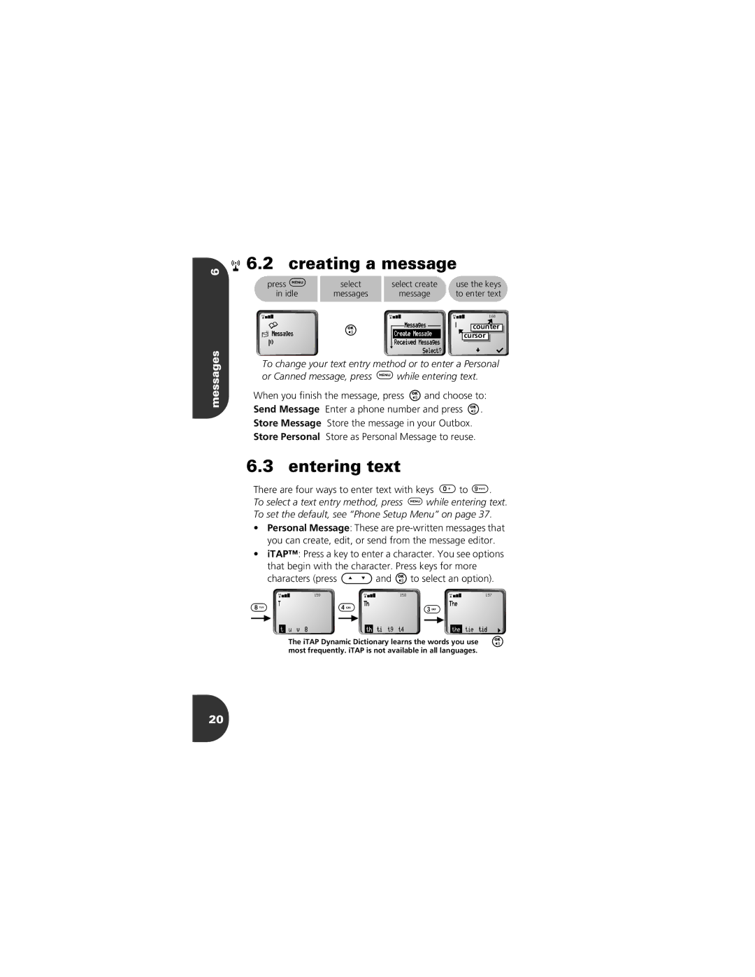 Motorola 2001 Portable Cell Phone manual Creating a message, Entering text, Messages 