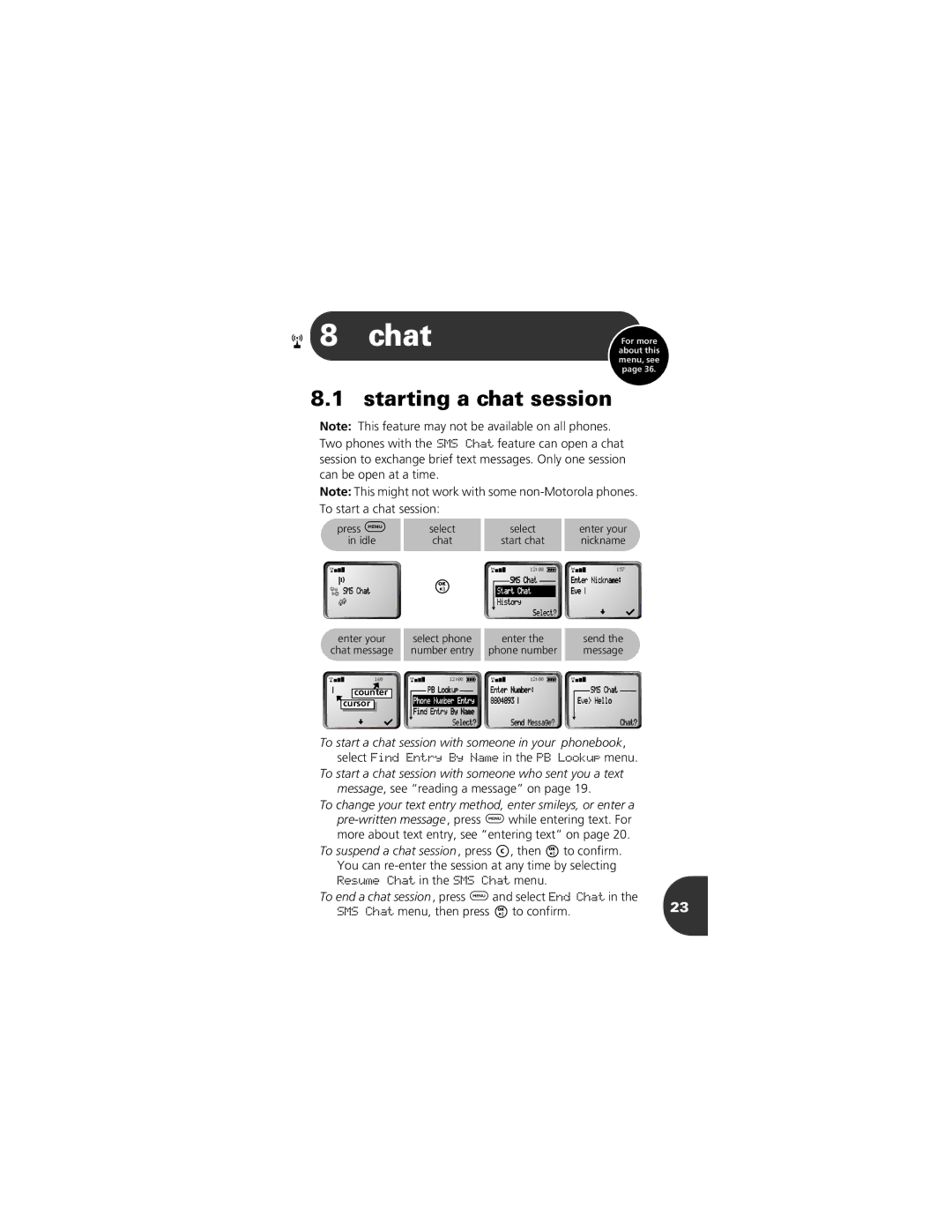 Motorola 2001 Portable Cell Phone manual Chat, Starting a chat session, Message, see reading a message on 