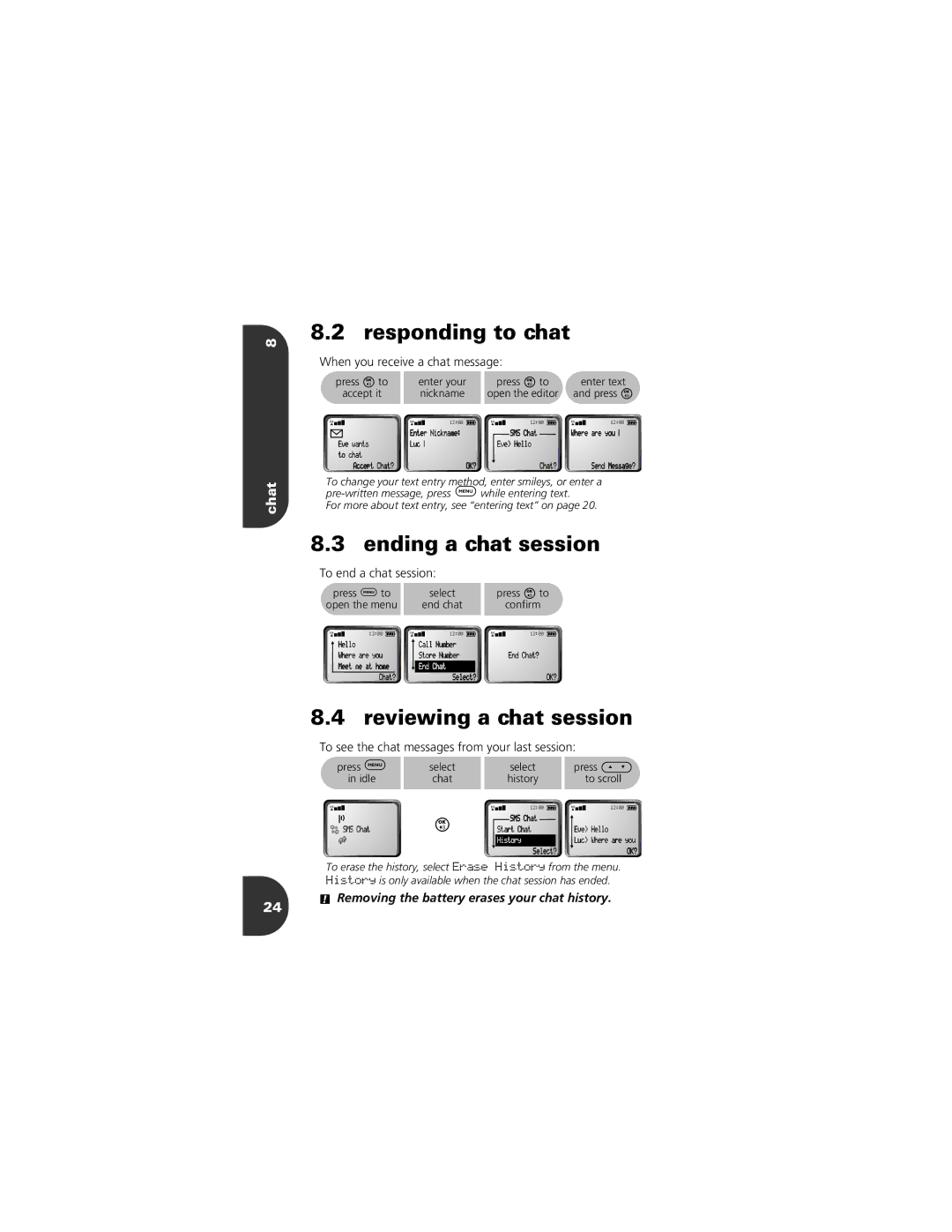 Motorola 2001 Portable Cell Phone manual Responding to chat, Ending a chat session, Reviewing a chat session, Chat 