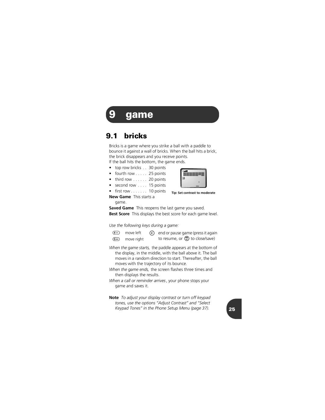 Motorola 2001 Portable Cell Phone manual Game, Bricks 