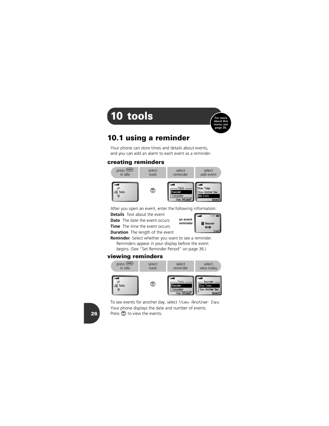 Motorola 2001 Portable Cell Phone manual Tools, Using a reminder, Creating reminders, Viewing reminders 