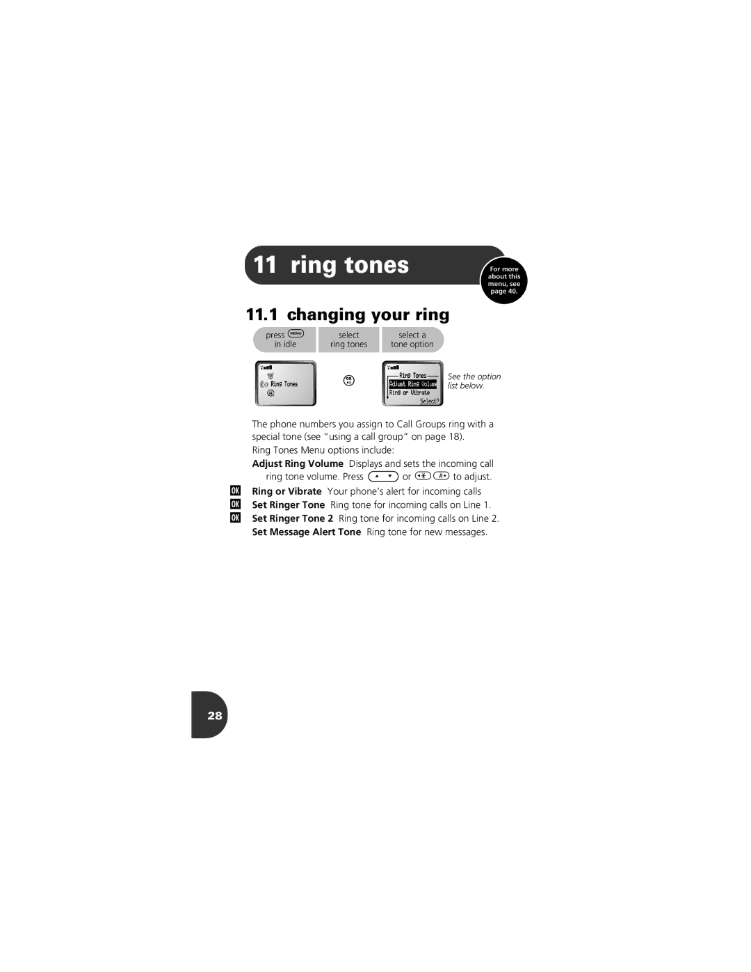 Motorola 2001 Portable Cell Phone manual Ring tones, Changing your ring 