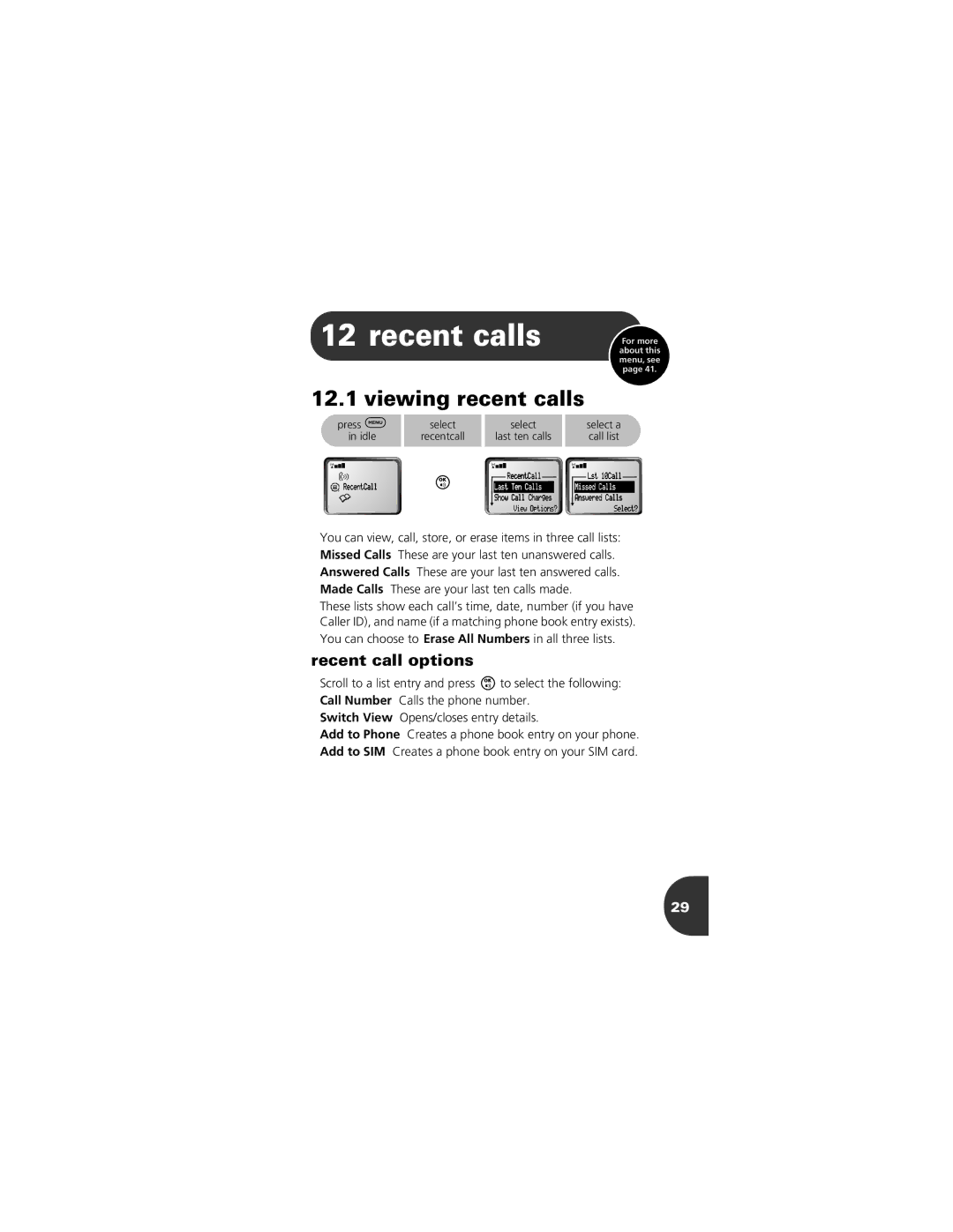 Motorola 2001 Portable Cell Phone manual Recent calls, Viewing recent calls, Recent call options 