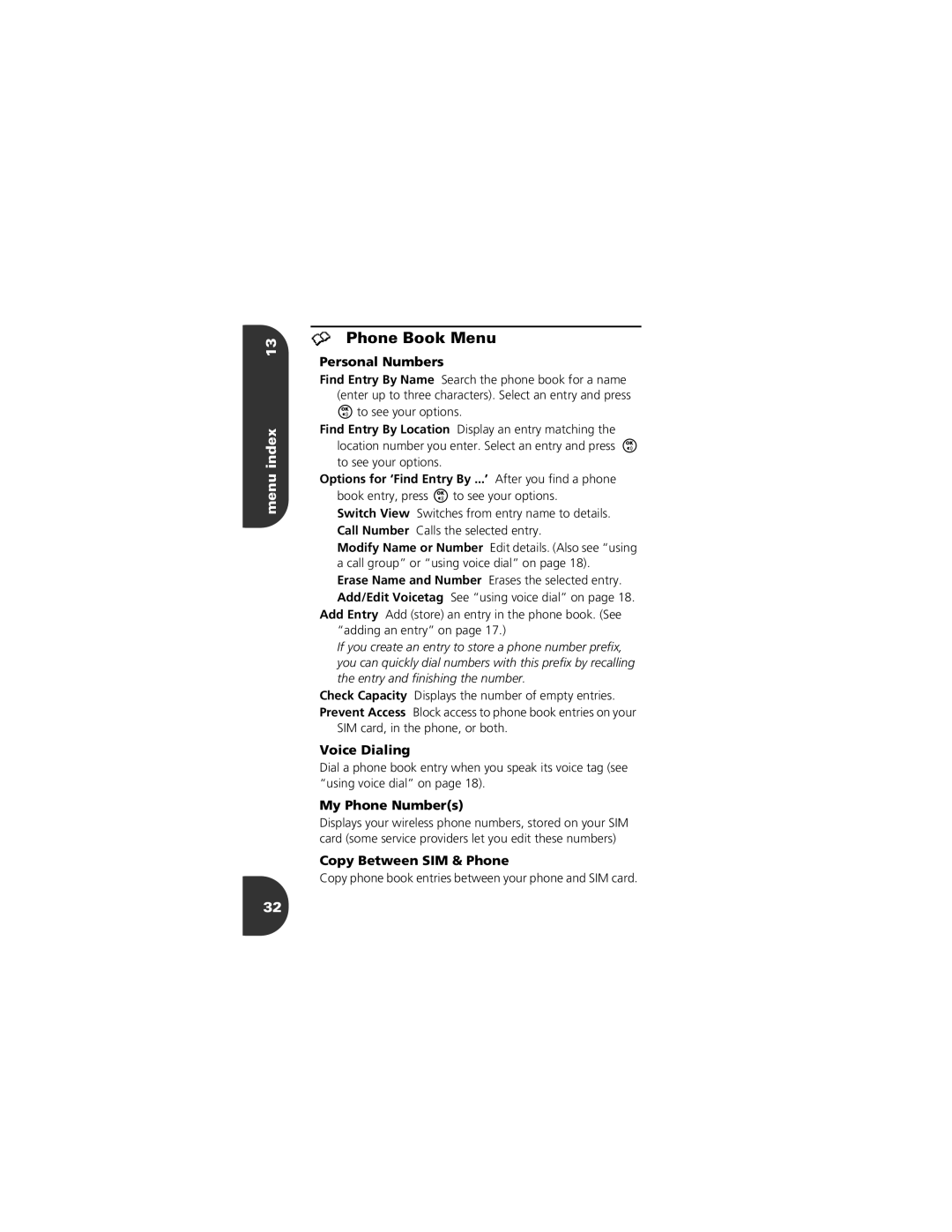 Motorola 2001 Portable Cell Phone manual ¥ Phone Book Menu, Menu index 