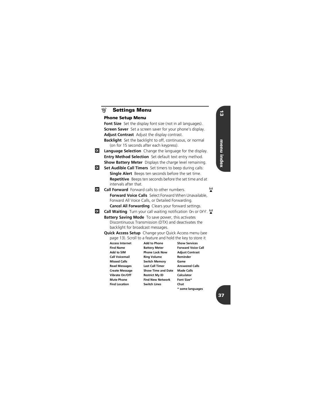 Motorola 2001 Portable Cell Phone manual ¨ Settings Menu, Phone Setup Menu, Forward All Voice Calls, or Detailed Forwarding 