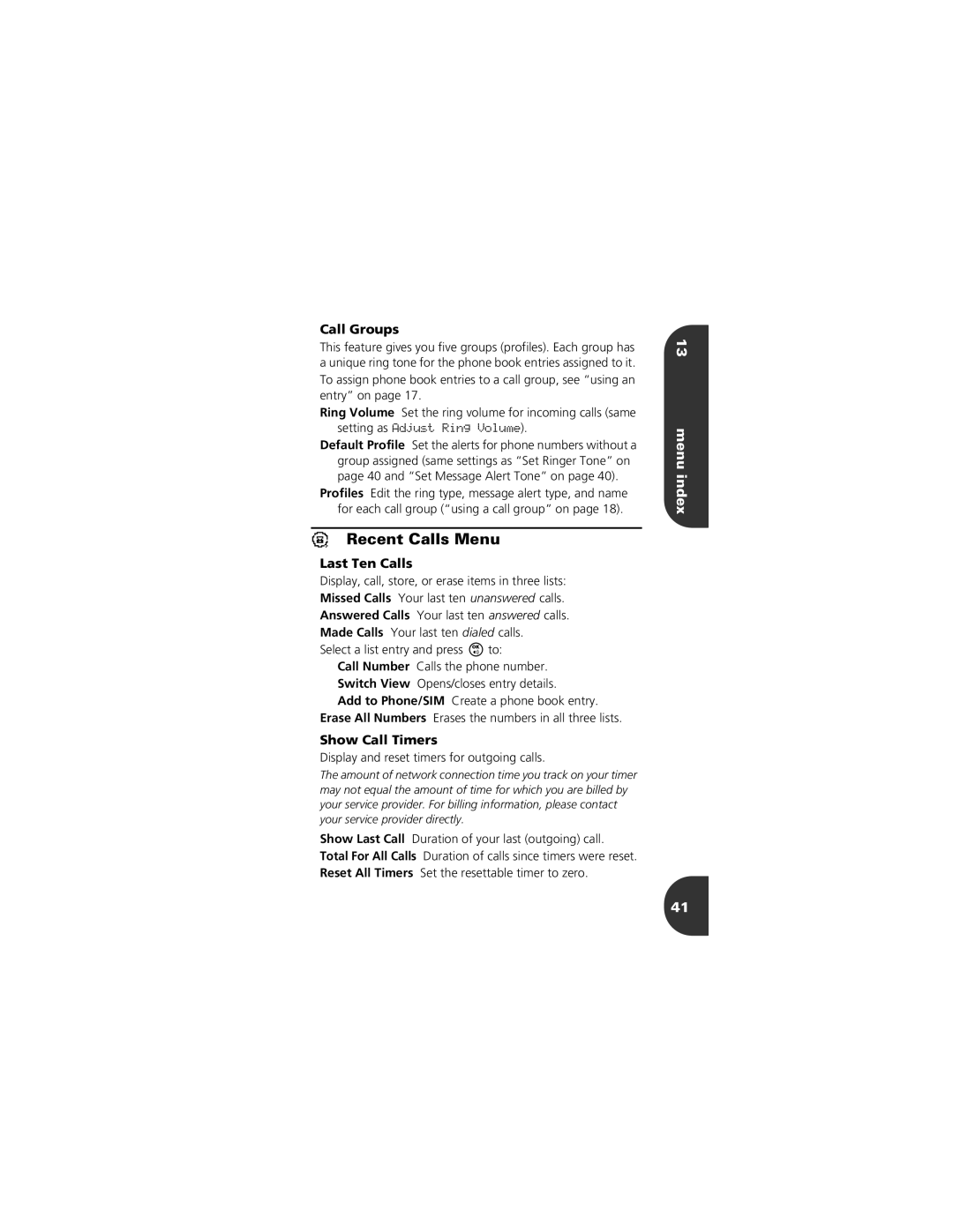 Motorola 2001 Portable Cell Phone manual Recent Calls Menu, Call Groups, Last Ten Calls, Show Call Timers 