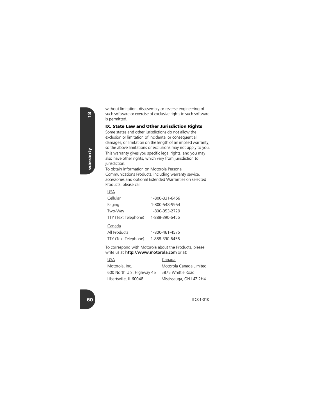 Motorola 2001 Portable Cell Phone manual IX. State Law and Other Jurisdiction Rights, Canada, Motorola, Inc 