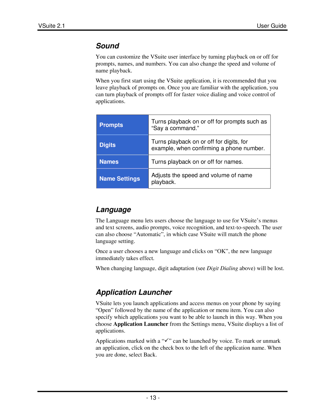 Motorola 2.1 manual Sound, Language, Application Launcher, Prompts Digits Names Name Settings 