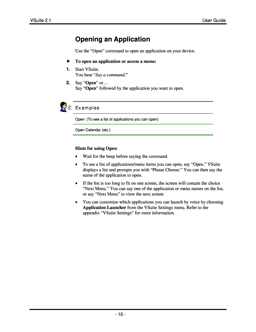 Motorola 2.1 manual Opening an Application, f To open an application or access a menu, Hints for using Open, Examples 