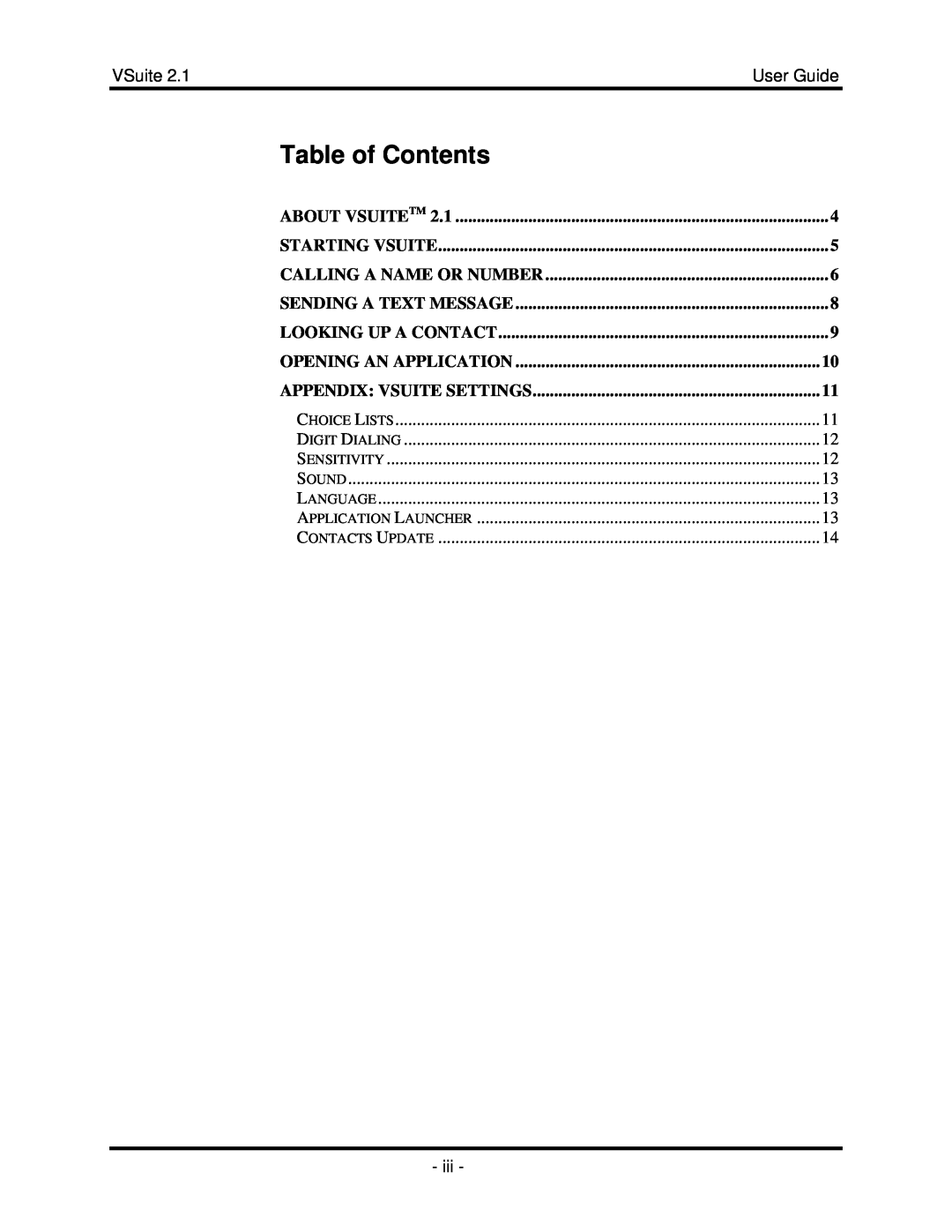 Motorola 2.1 Table of Contents, VSuite, User Guide, About Vsuitetm, Starting Vsuite, Calling A Name Or Number, Sensitivity 