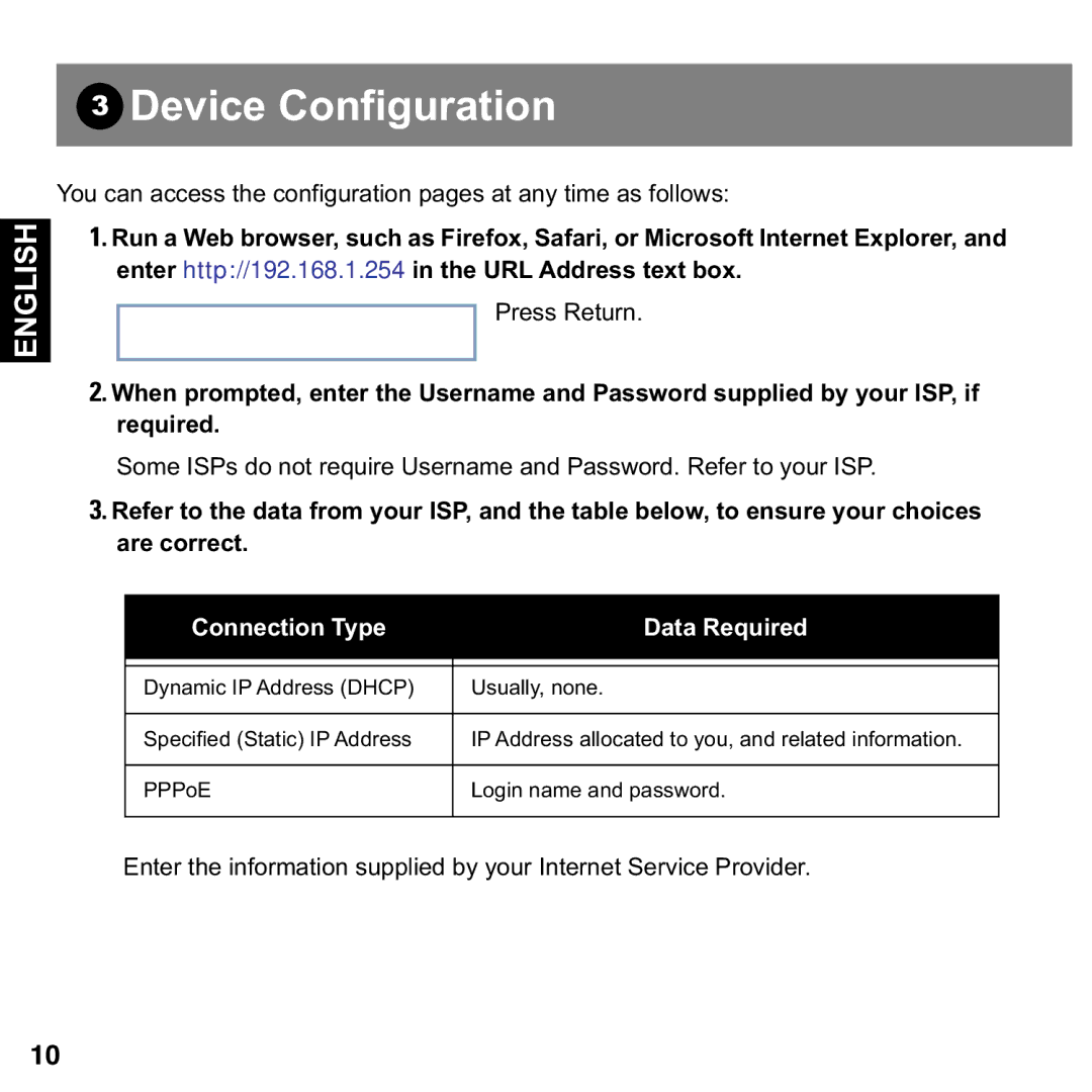 Motorola 2108-D9/N9 user manual Device Configuration, Connection Type Data Required 