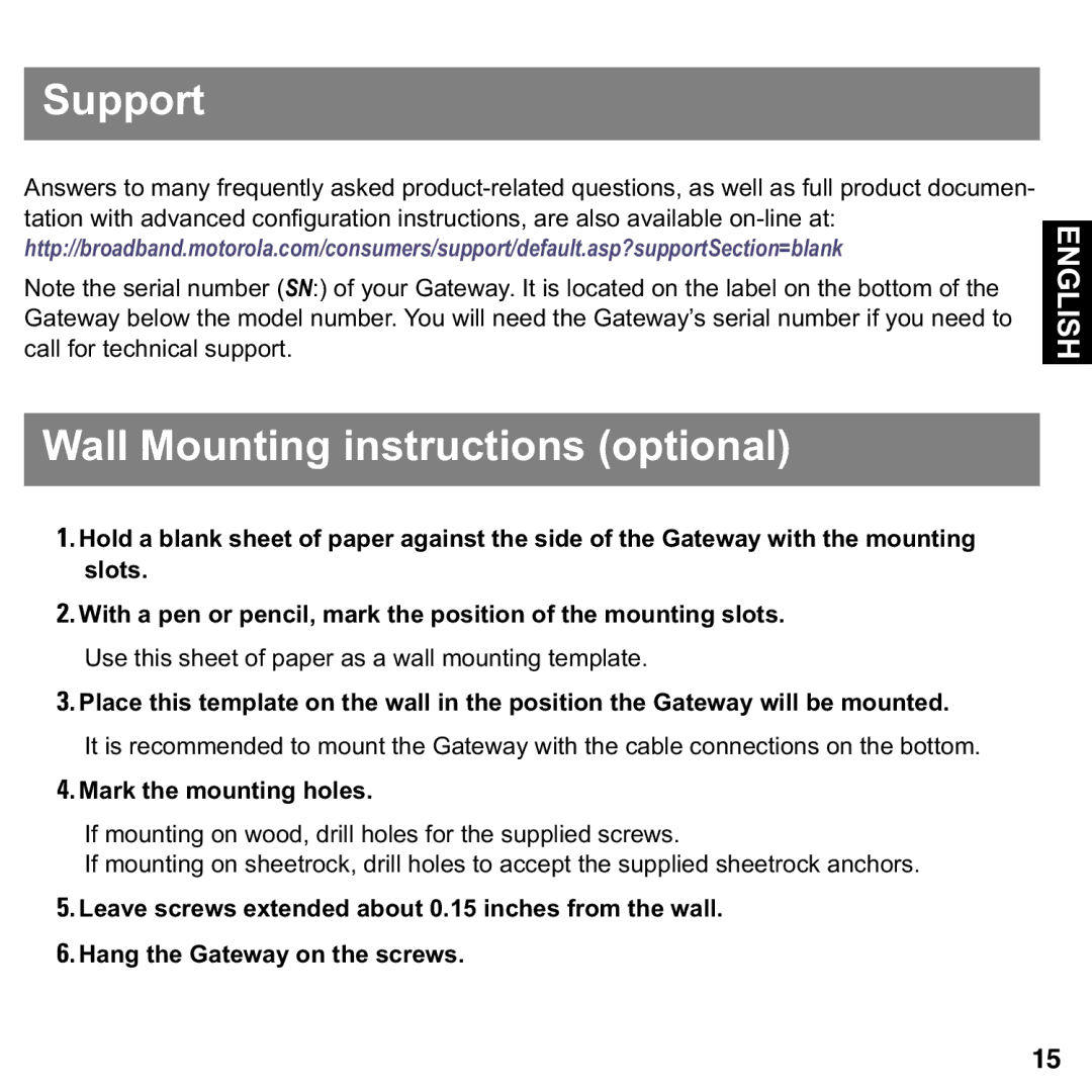 Motorola 2108-D9/N9 user manual Support, Wall Mounting instructions optional, Mark the mounting holes 