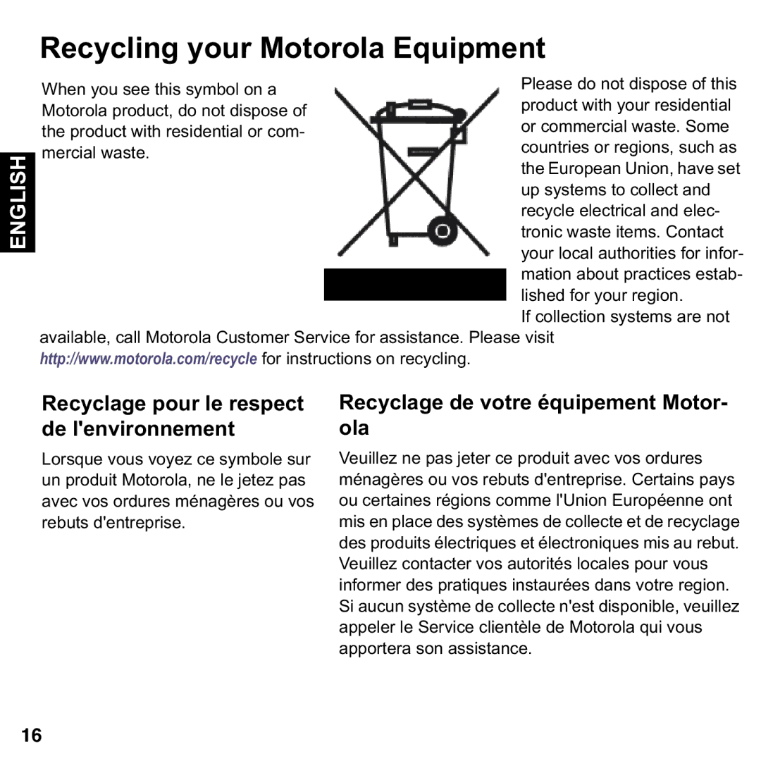 Motorola 2108-D9/N9 user manual Recycling your Motorola Equipment 