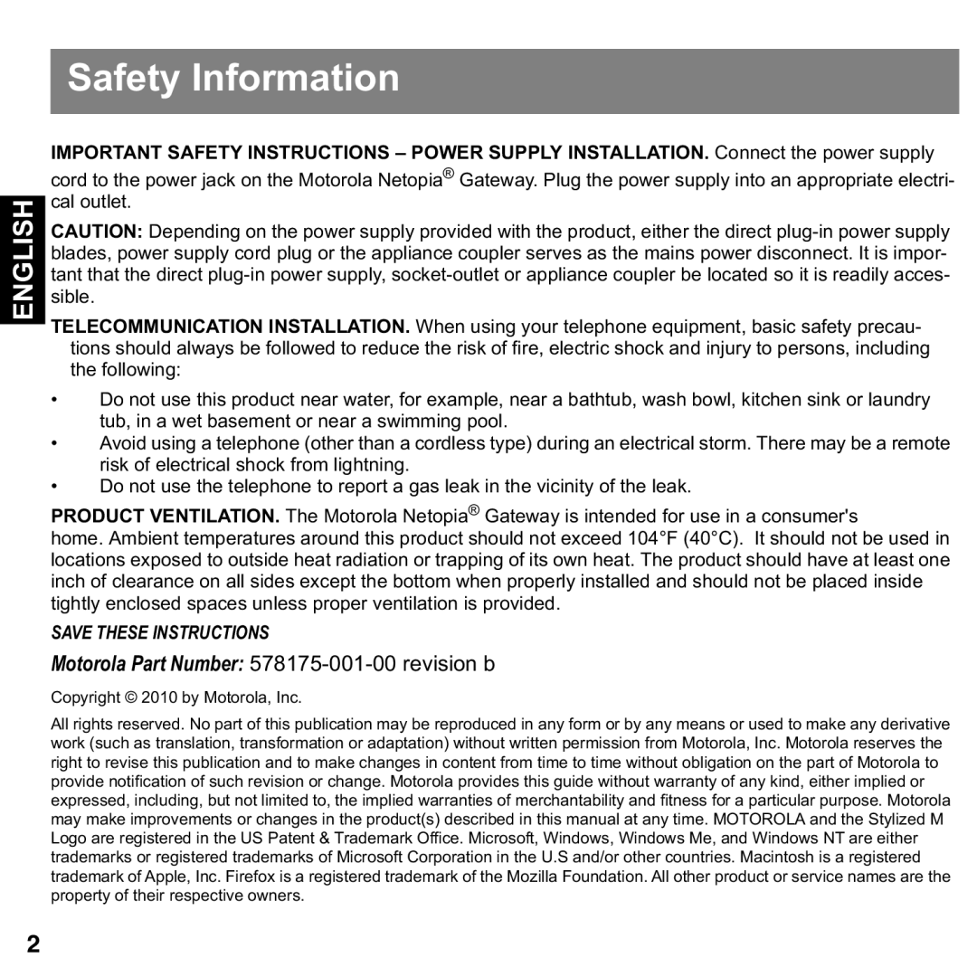 Motorola 2108-D9/N9 user manual Safety Information, English 