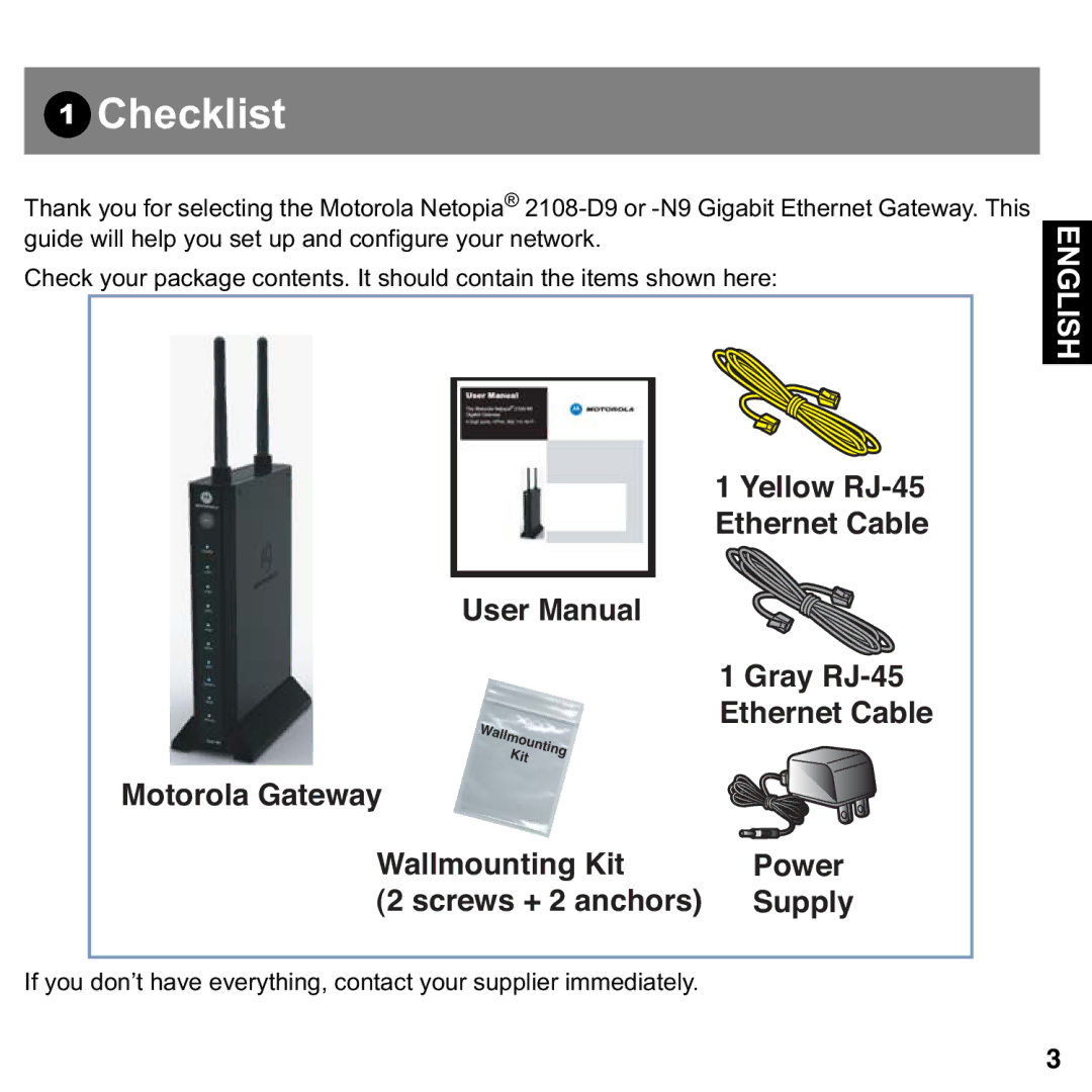 Motorola 2108-D9/N9 user manual Checklist 