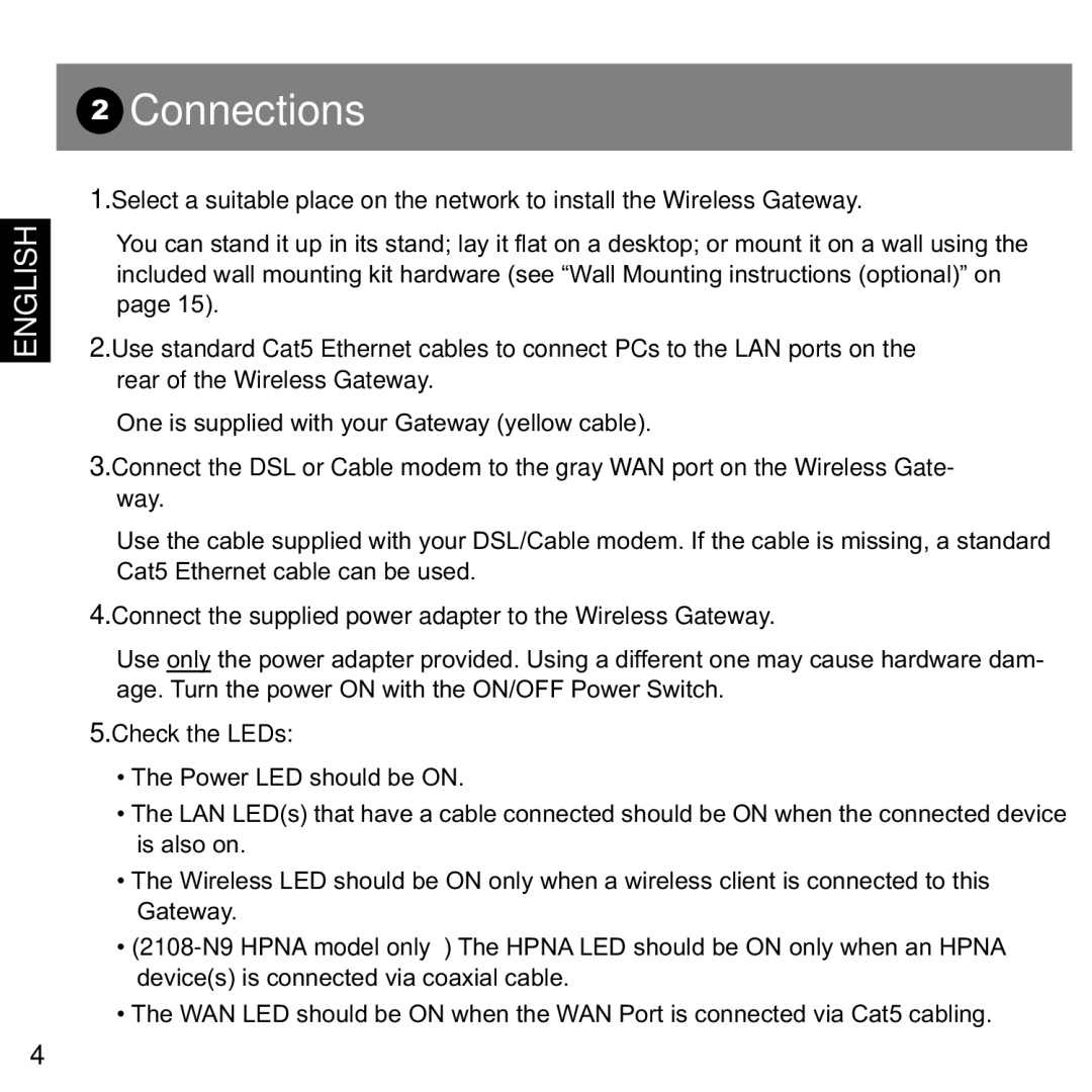 Motorola 2108-D9/N9 user manual Connections, Connect the supplied power adapter to the Wireless Gateway, Check the LEDs 