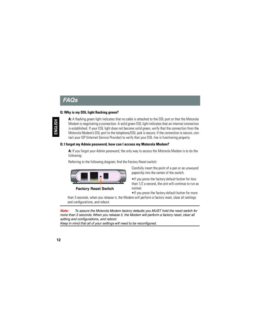 Motorola 2210-02 user manual FAQs, Why is my DSL light ﬂashing green? 