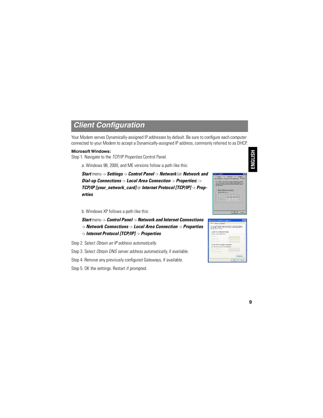 Motorola 2210-02 user manual Client Conﬁguration, Windows XP follows a path like this 