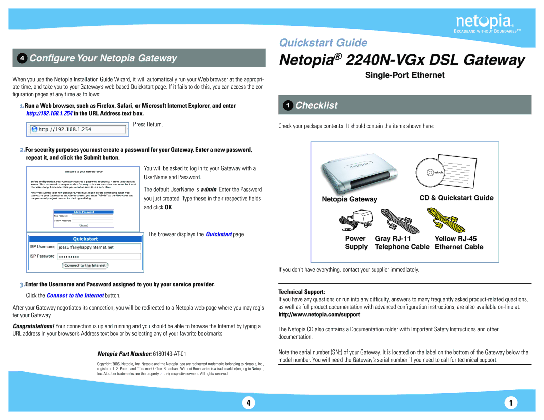 Motorola 2240N-VGx quick start Conﬁgure Your Netopia Gateway, Checklist, Single-Port Ethernet, Technical Support 