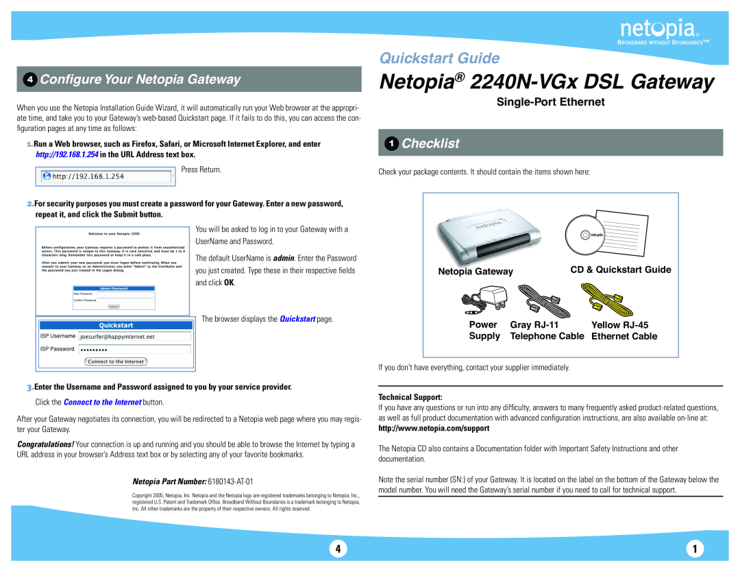 Motorola 2240N-VGx quick start 4 Conﬁgure Your Netopia Gateway, Checklist, Single-Port Ethernet, Quickstart Guide, Power 