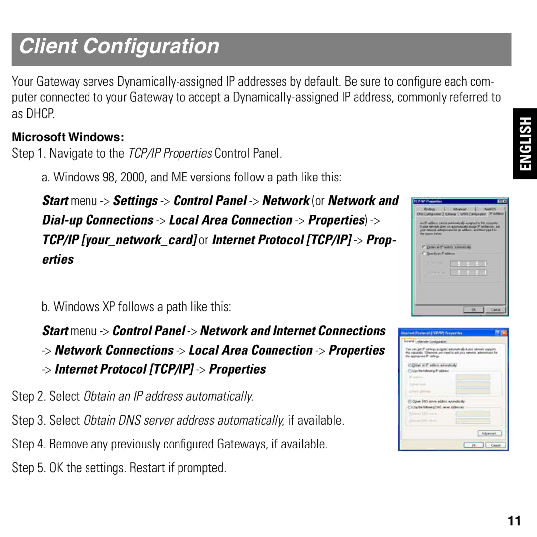 Motorola 2247/57-62 user manual Client Conﬁguration, Windows XP follows a path like this 