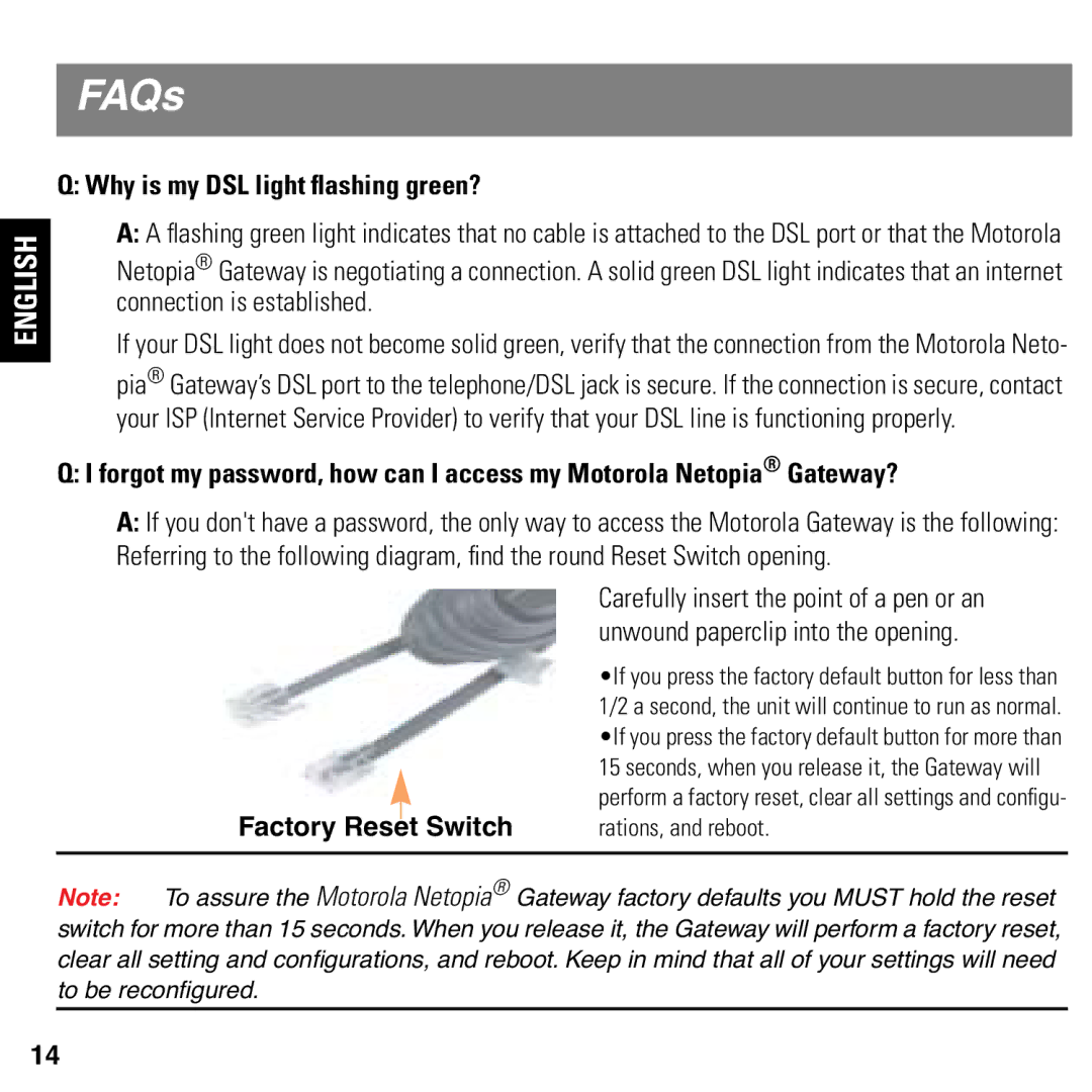 Motorola 2247/57-62 user manual FAQs, Why is my DSL light ﬂashing green? 