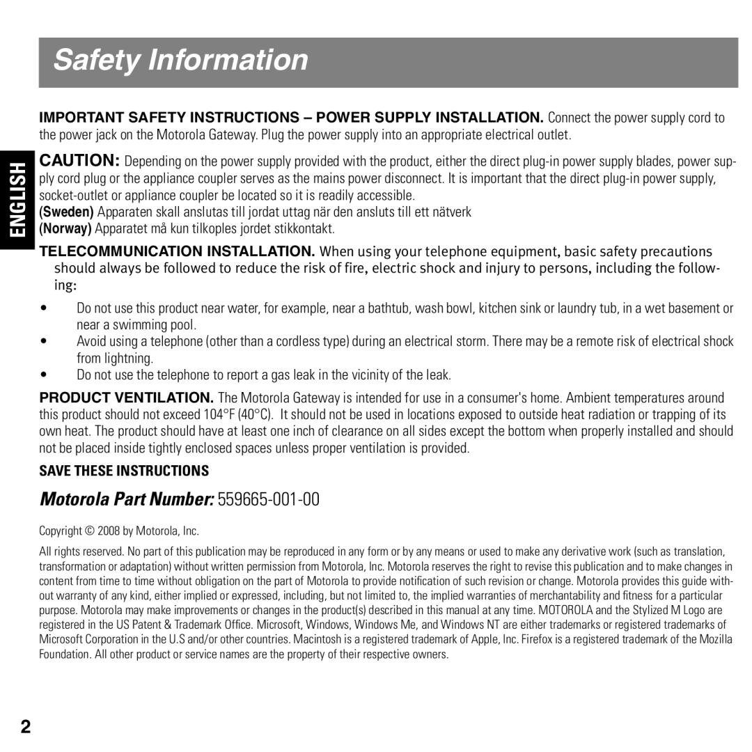 Motorola 2247/57-62 user manual Safety Information, English 