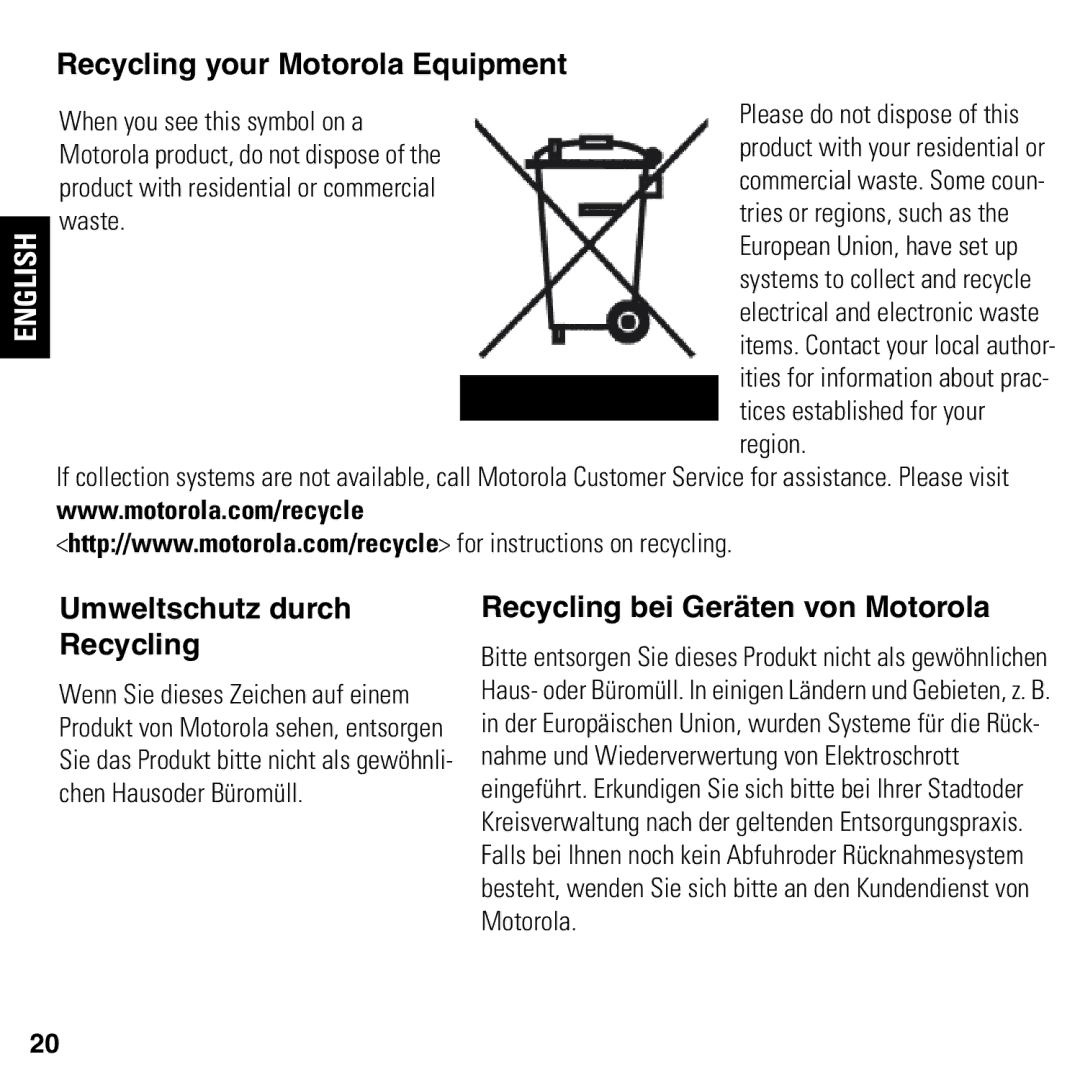 Motorola 2247/57-62 user manual Recycling bei Geräten von Motorola 