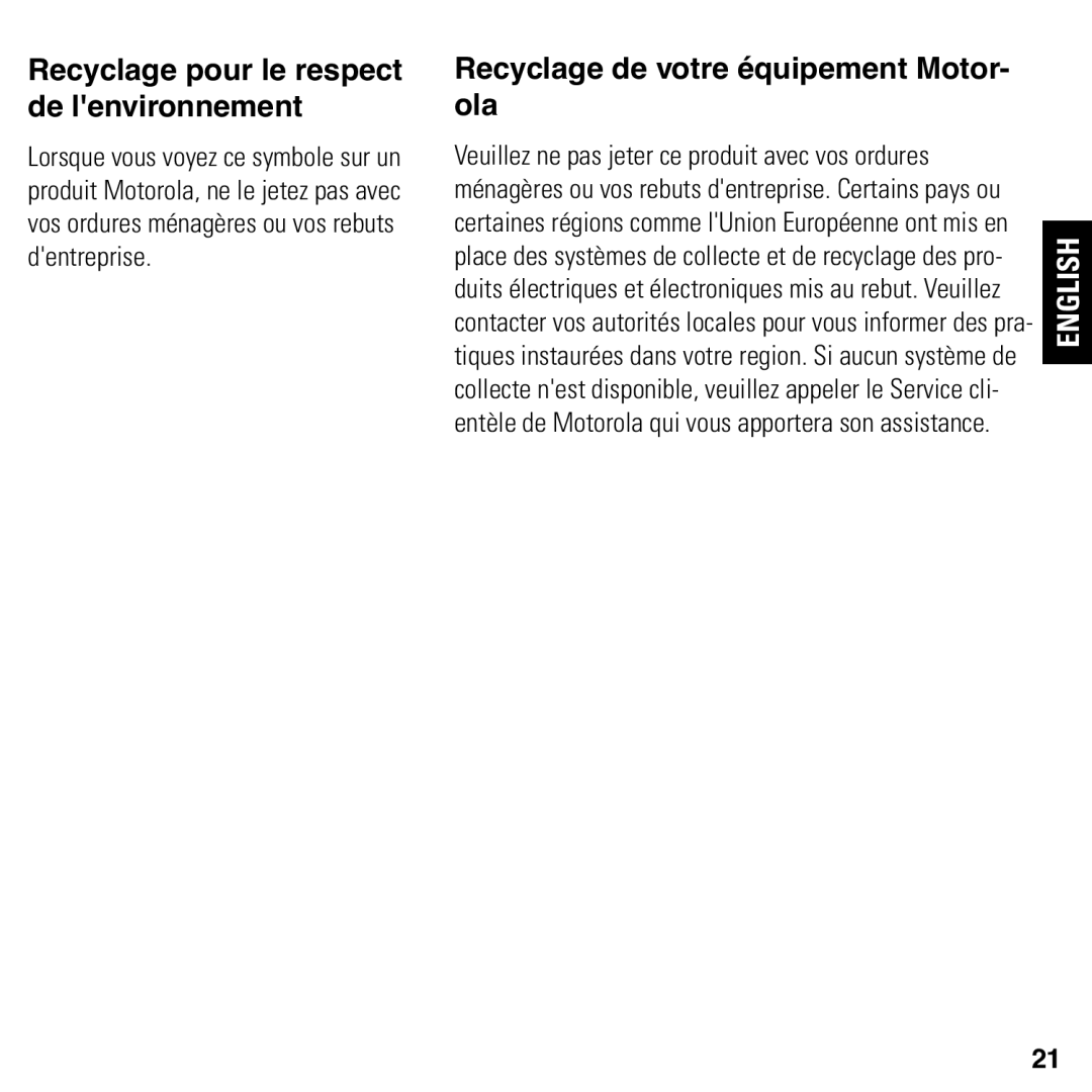 Motorola 2247/57-62 user manual Recyclage pour le respect de lenvironnement 