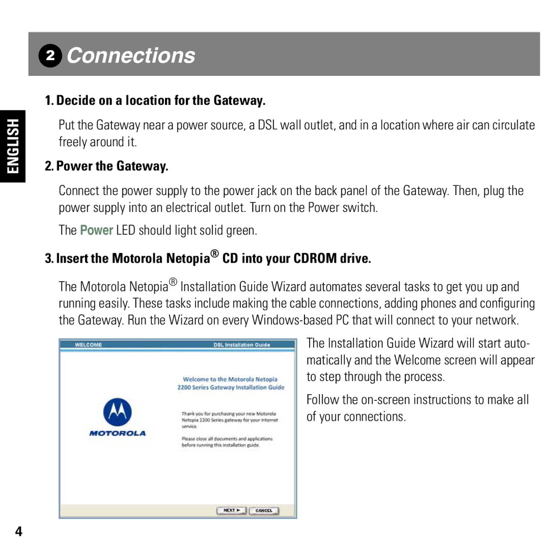 Motorola 2247/57-62 user manual Connections, Decide on a location for the Gateway, Power the Gateway 