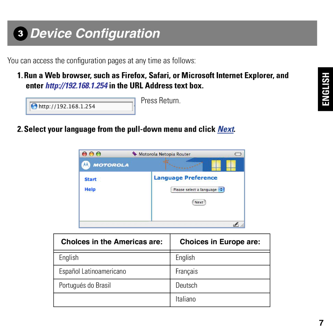 Motorola 2247/57-62 user manual Device Conﬁguration, Select your language from the pull-down menu and click Next 