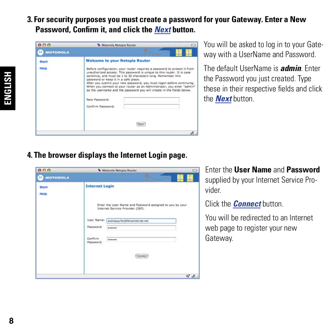 Motorola 2247/57-62 user manual Browser displays the Internet Login 