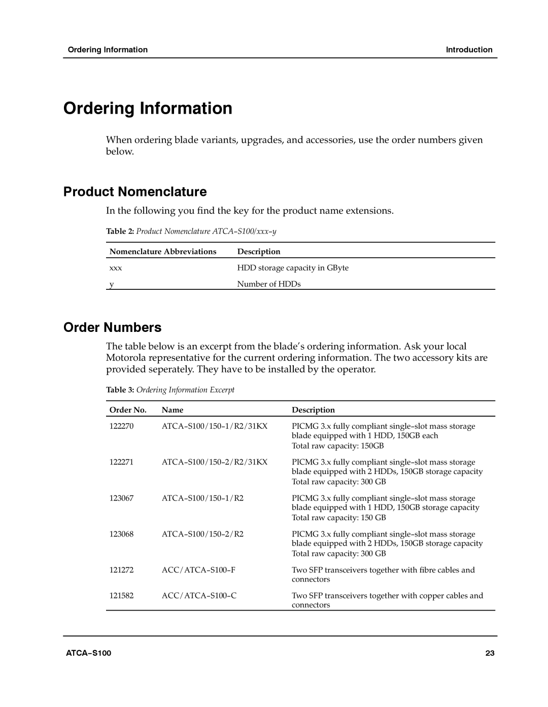 Motorola 228597 manual Ordering Information, Product Nomenclature, Order Numbers 