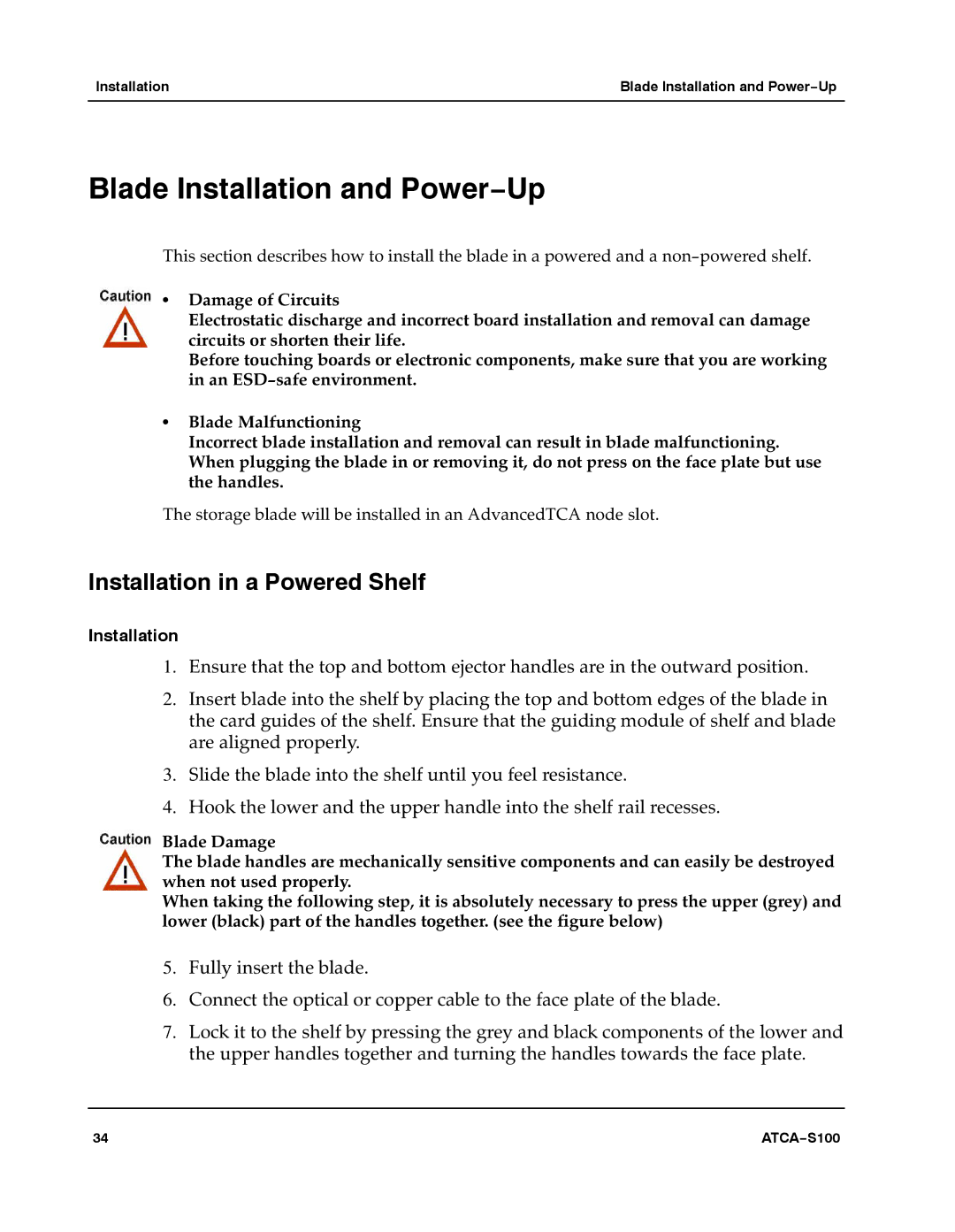 Motorola 228597 manual Blade Installation and Power−Up, Installation in a Powered Shelf 