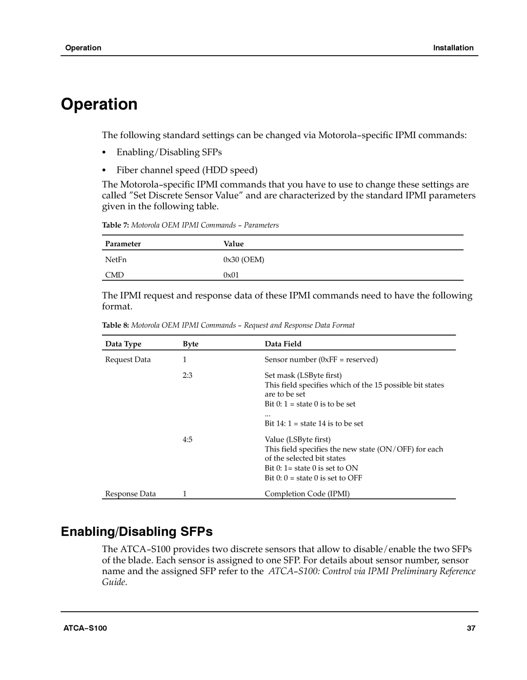 Motorola 228597 manual Operation, Enabling/Disabling SFPs 