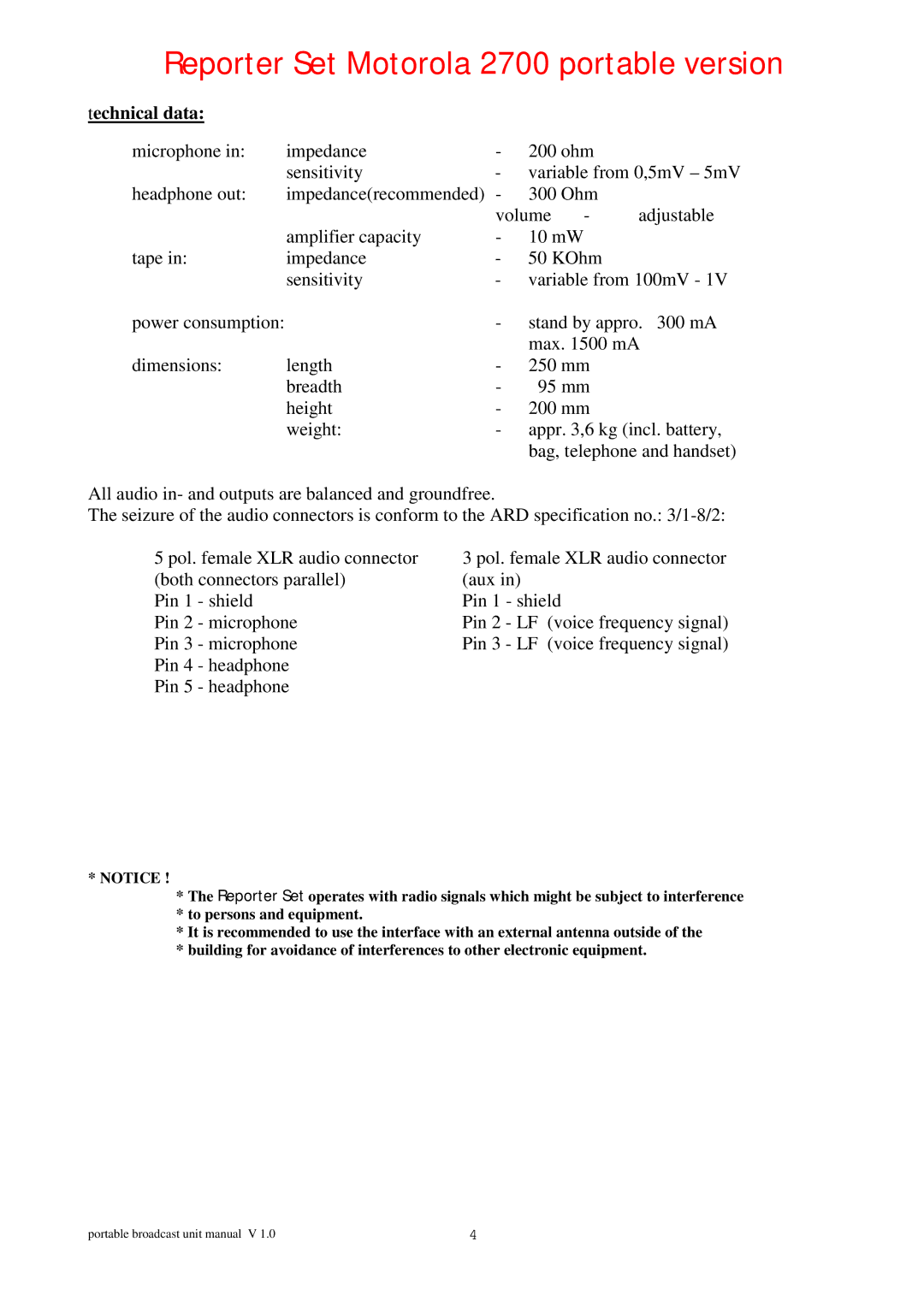 Motorola 2700 operation manual Technical data 