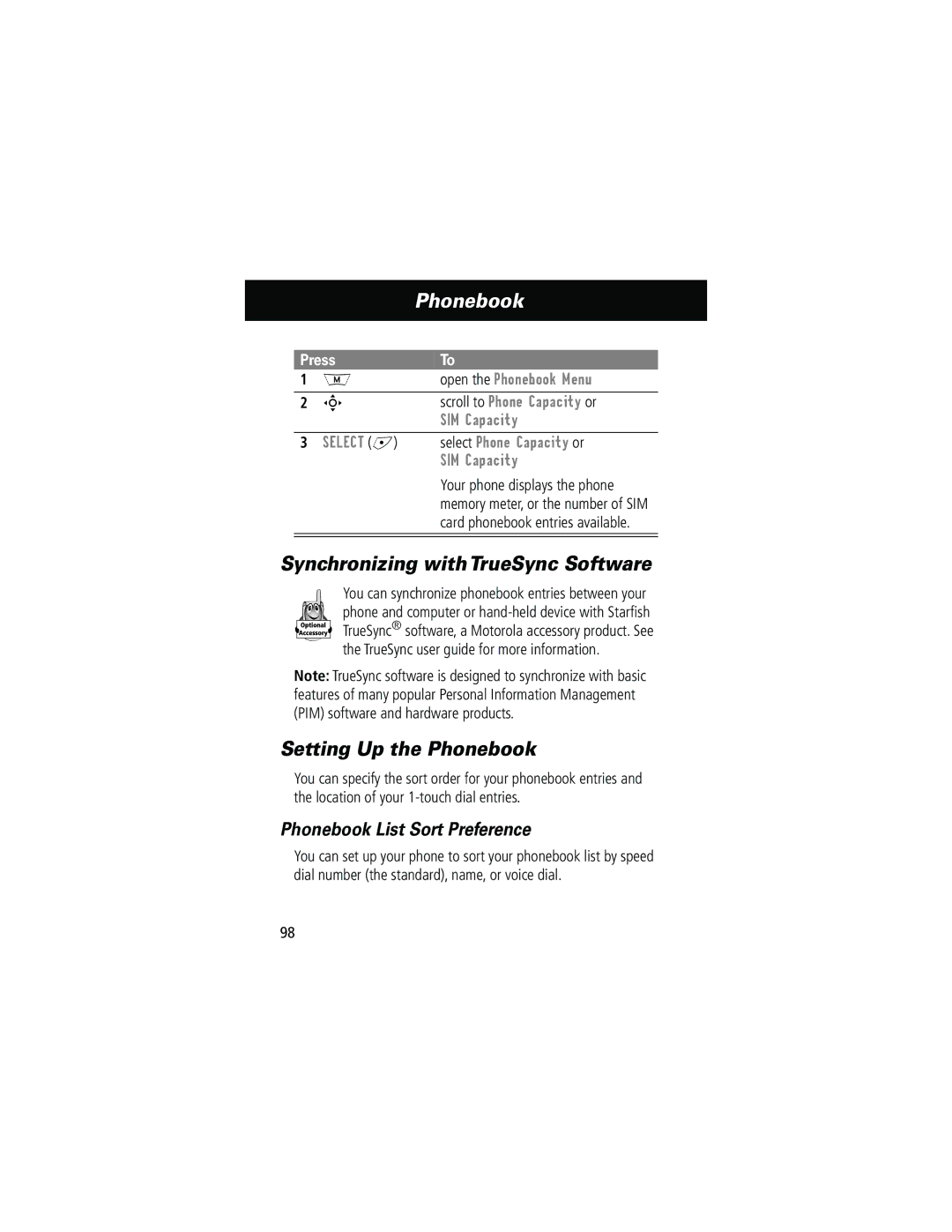 Motorola 280 manual Synchronizing with TrueSync Software, Setting Up the Phonebook, Phonebook List Sort Preference 