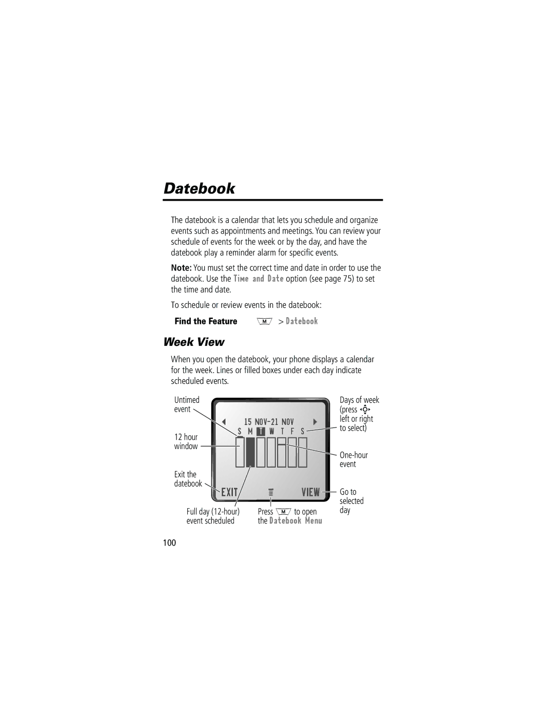 Motorola 280 manual Week View, Datebook Menu 