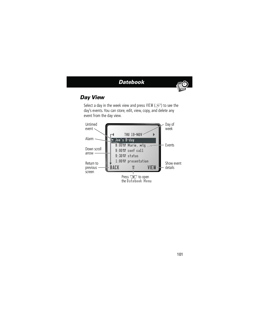 Motorola 280 manual Datebook, Day View, Alarm, Events 