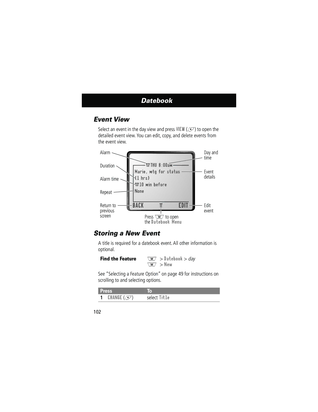 Motorola 280 manual Event View, Storing a New Event, Find the Feature M Datebook day 