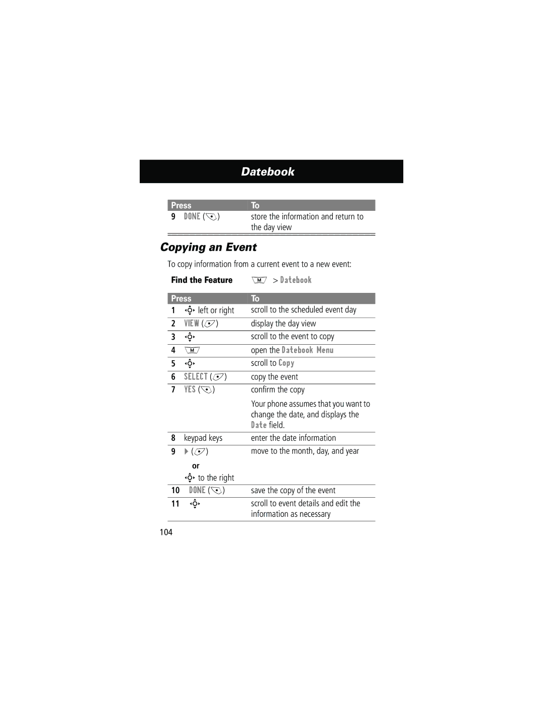 Motorola 280 manual Copying an Event, Open the Datebook Menu, Date ﬁeld 