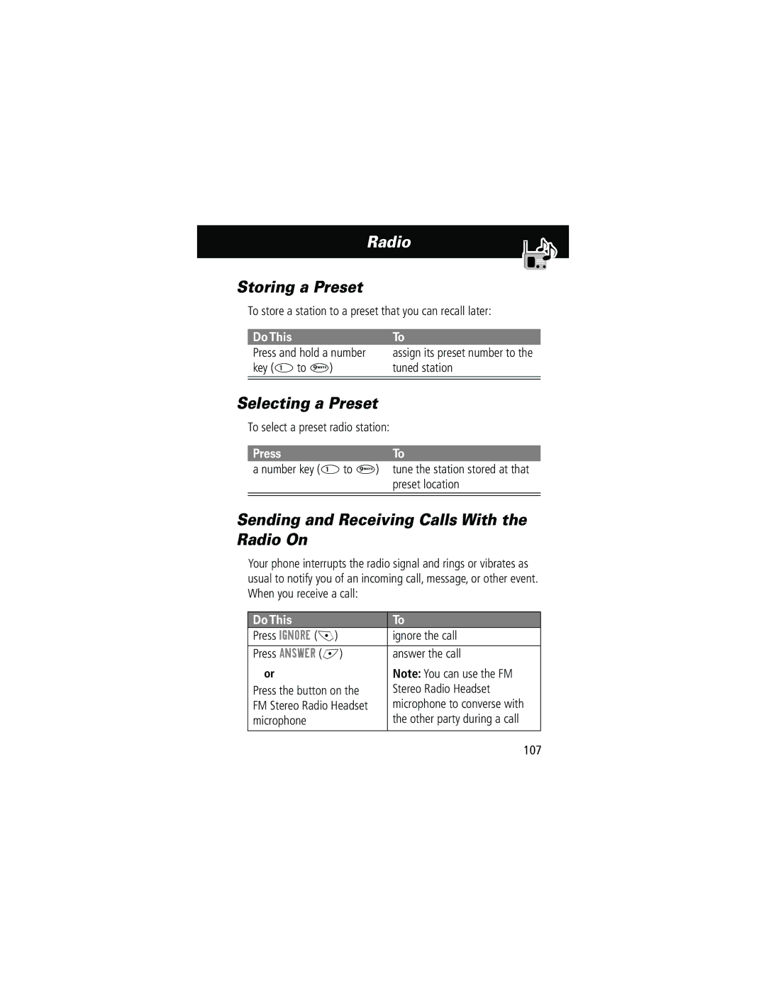 Motorola 280 manual Storing a Preset, Selecting a Preset, Sending and Receiving Calls With the Radio On, Do ThisTo 