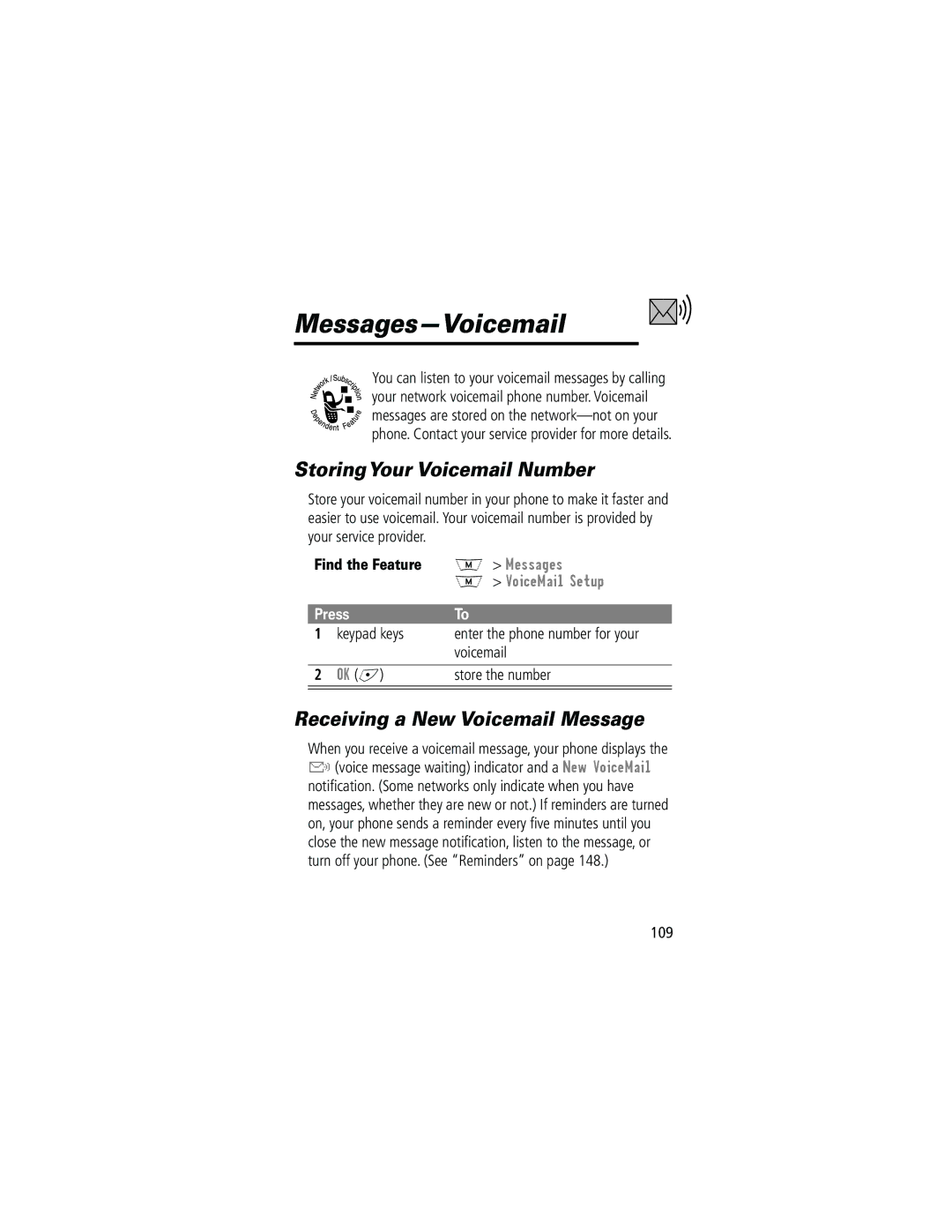 Motorola 280 manual Messages-Voicemail, StoringYour Voicemail Number, Receiving a New Voicemail Message, VoiceMail Setup 