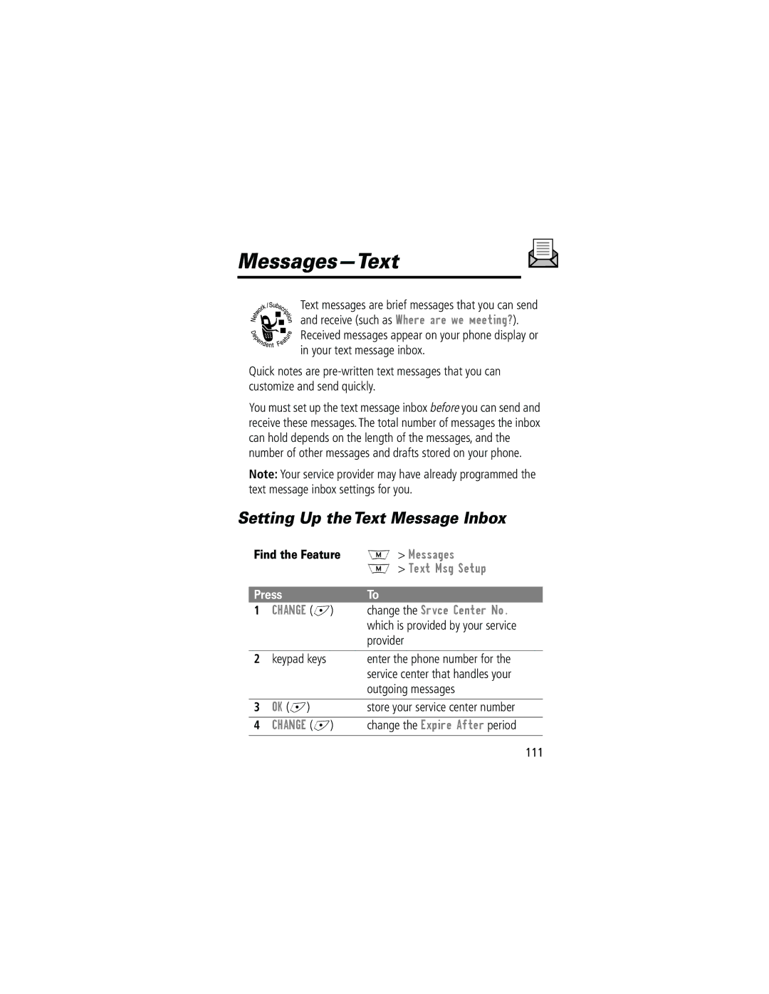 Motorola 280 manual Messages-Text, Setting Up the Text Message Inbox, Text Msg Setup, Change + Change the Srvce Center No 