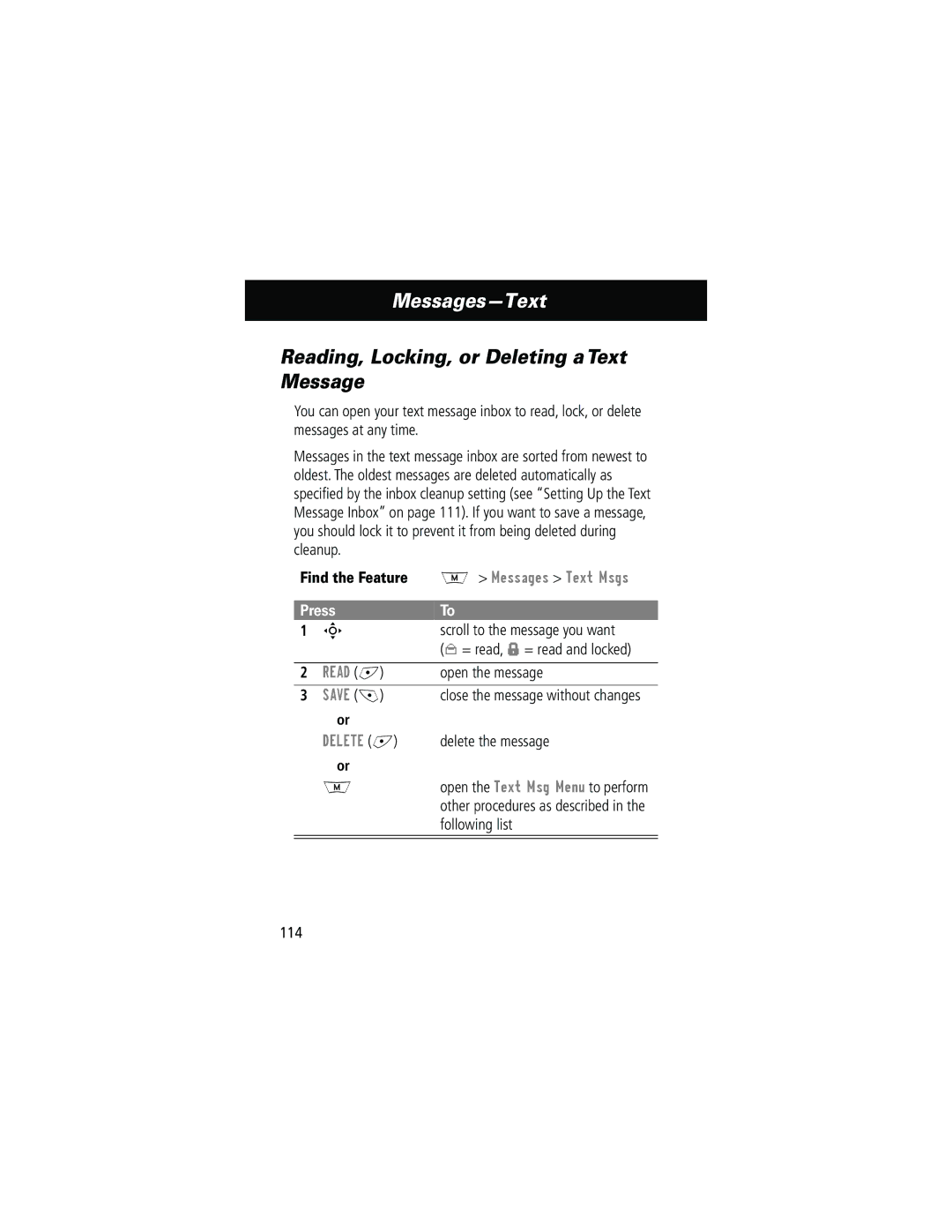 Motorola 280 manual Reading, Locking, or Deleting a Text Message, Find the Feature M Messages Text Msgs, Save, Delete + 