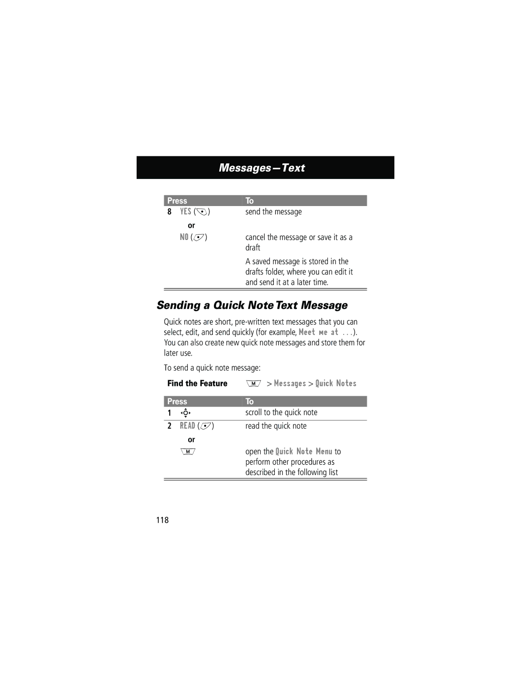 Motorola 280 Sending a Quick Note Text Message, No +, Find the Feature M Messages Quick Notes, Open the Quick Note Menu to 