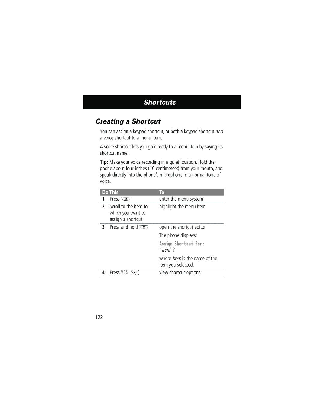 Motorola 280 Shortcuts, Creating a Shortcut, Assign Shortcut for, Item you selected, Press YES View shortcut options 122 